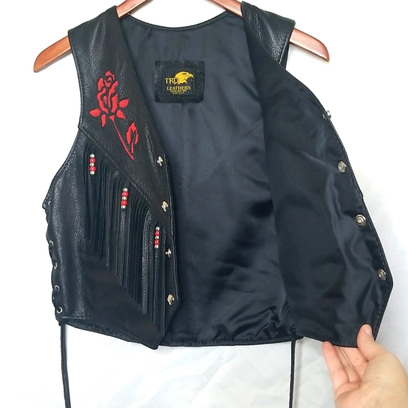 TRD Vintage Leather Vest With Roses and Beaded Fringe, Women Size Large. - Picture 16 of 16